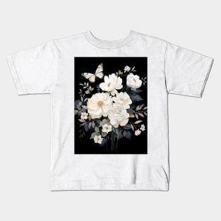 Elegant White Florals and Butterfly on Black - Botanical Ar Kids T-Shirt